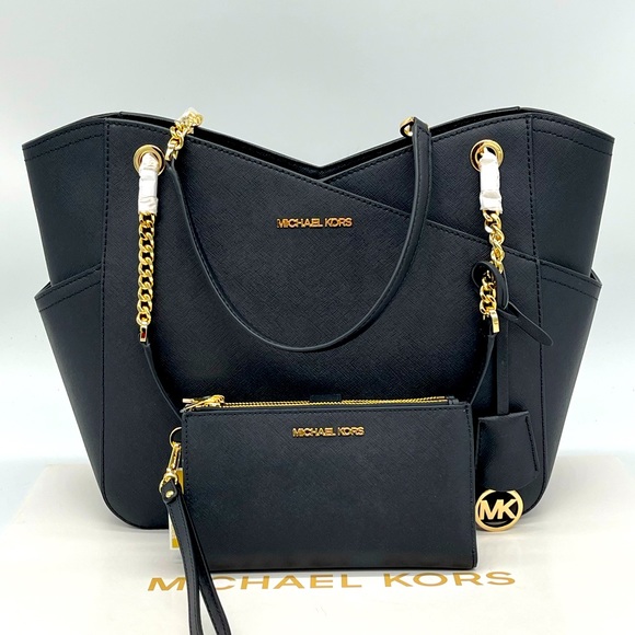Michael Kors Handbags - Michael Kors Large X Chain Shoulder Tote Bag & Double Zip Wallet Black